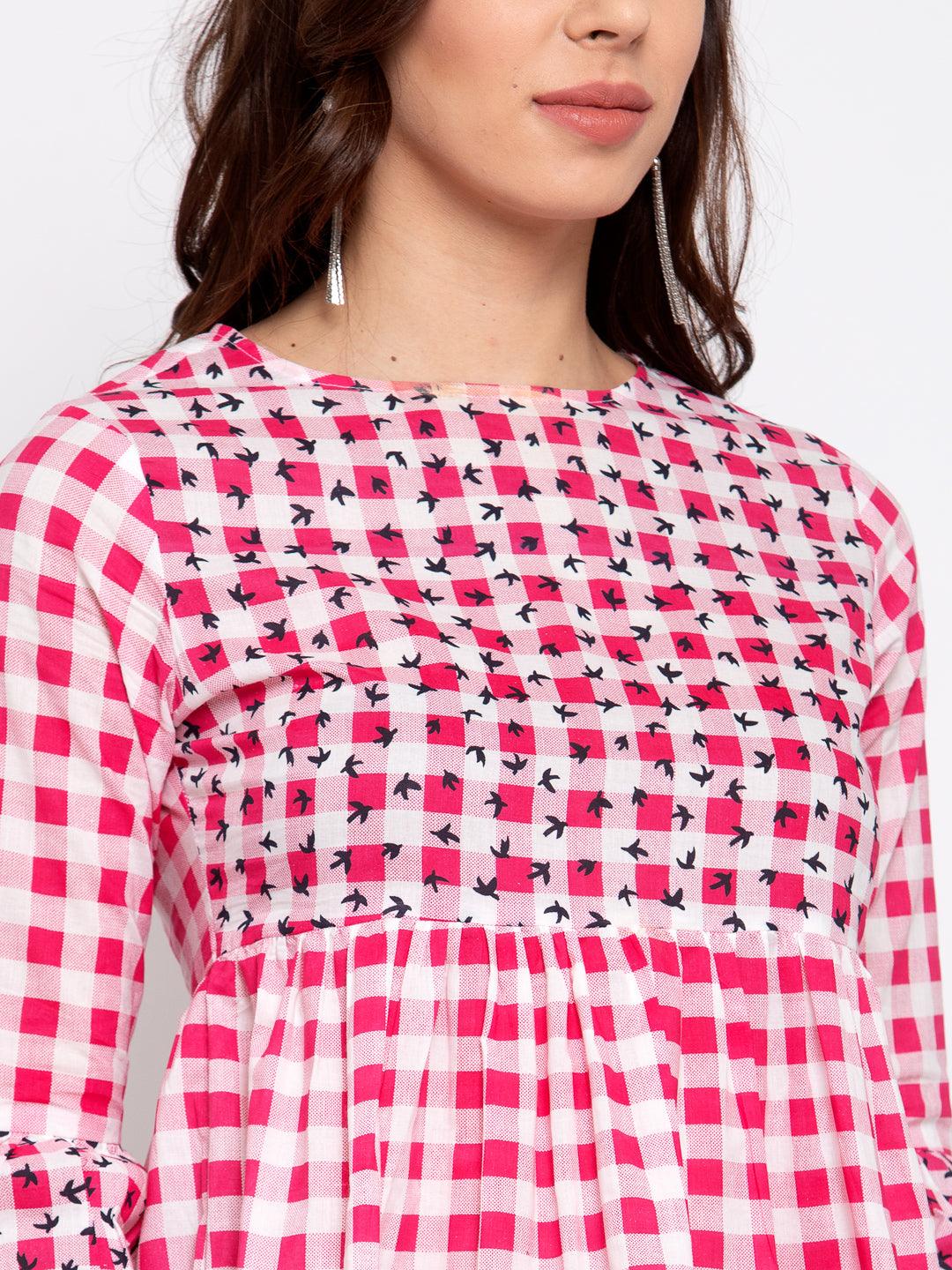 Women Pink Checked Bell Sleeves Peplum Top-Tops-StyleQuotient