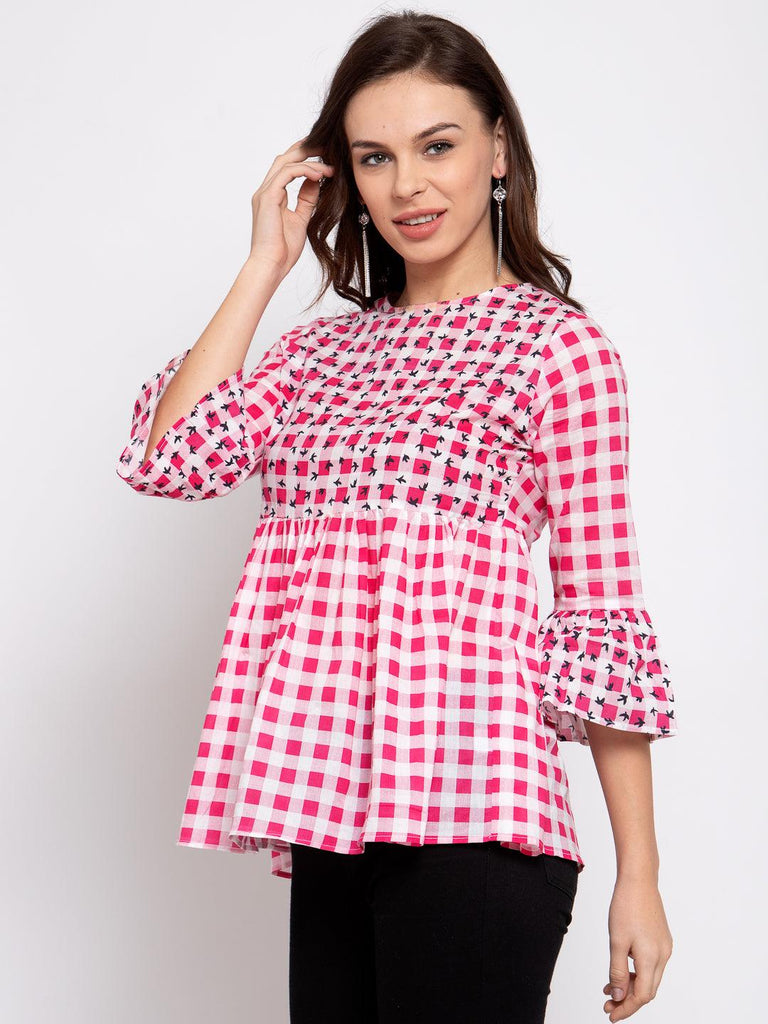 Women Pink Checked Bell Sleeves Peplum Top-Tops-StyleQuotient