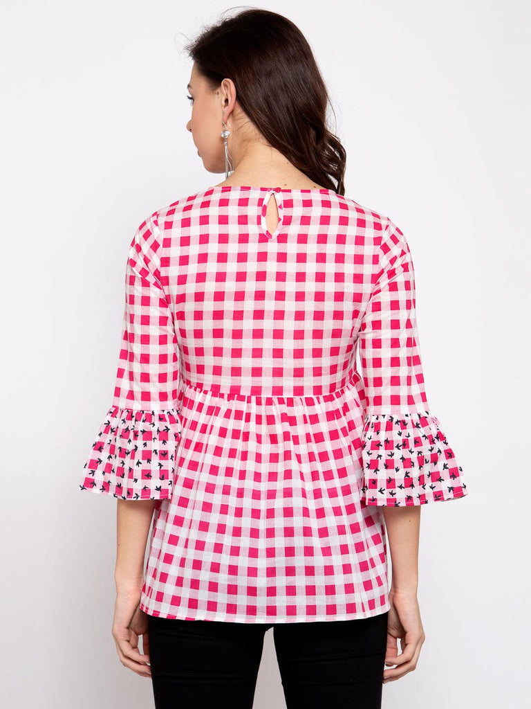 Women Pink Checked Bell Sleeves Peplum Top-Tops-StyleQuotient