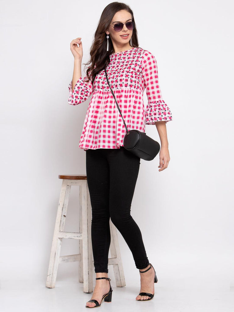 Women Pink Checked Bell Sleeves Peplum Top-Tops-StyleQuotient