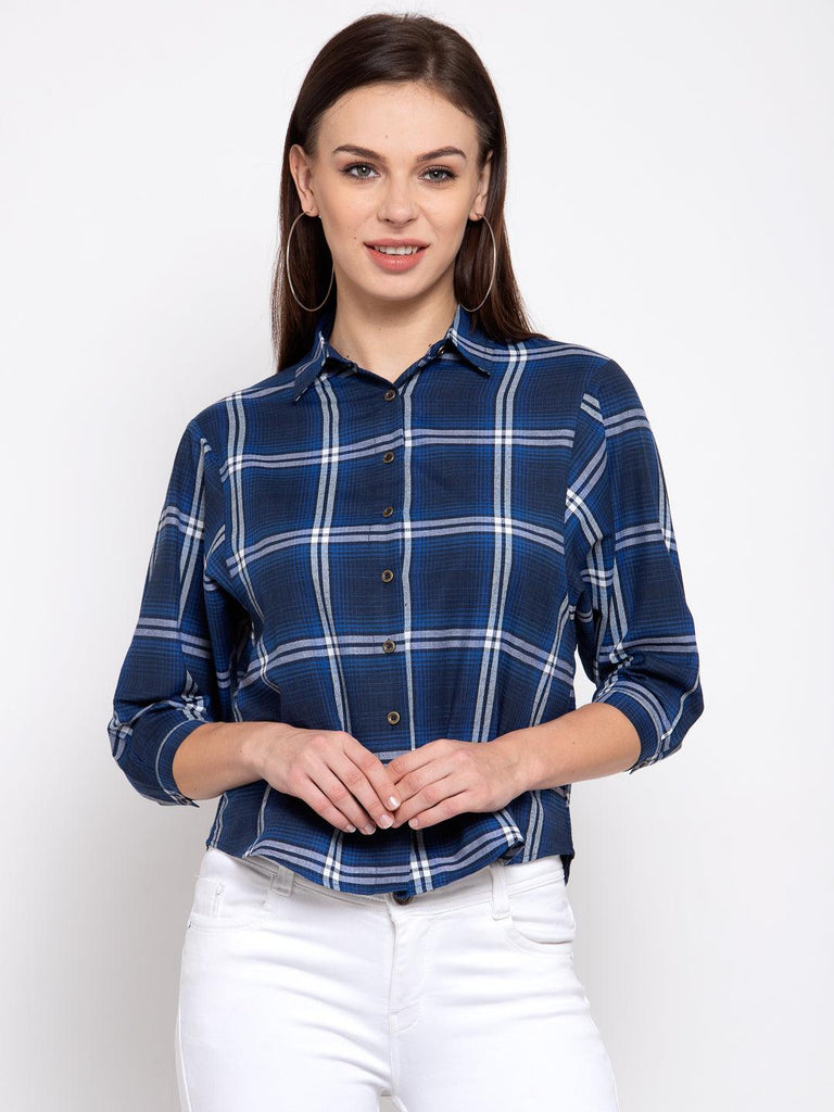 Women Blue Boxy Checked Casual Shirt-Shirts-StyleQuotient