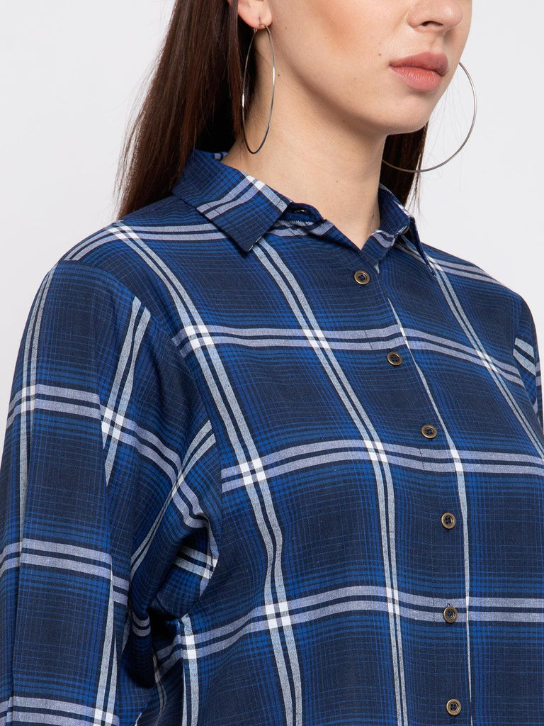 Women Blue Boxy Checked Casual Shirt-Shirts-StyleQuotient