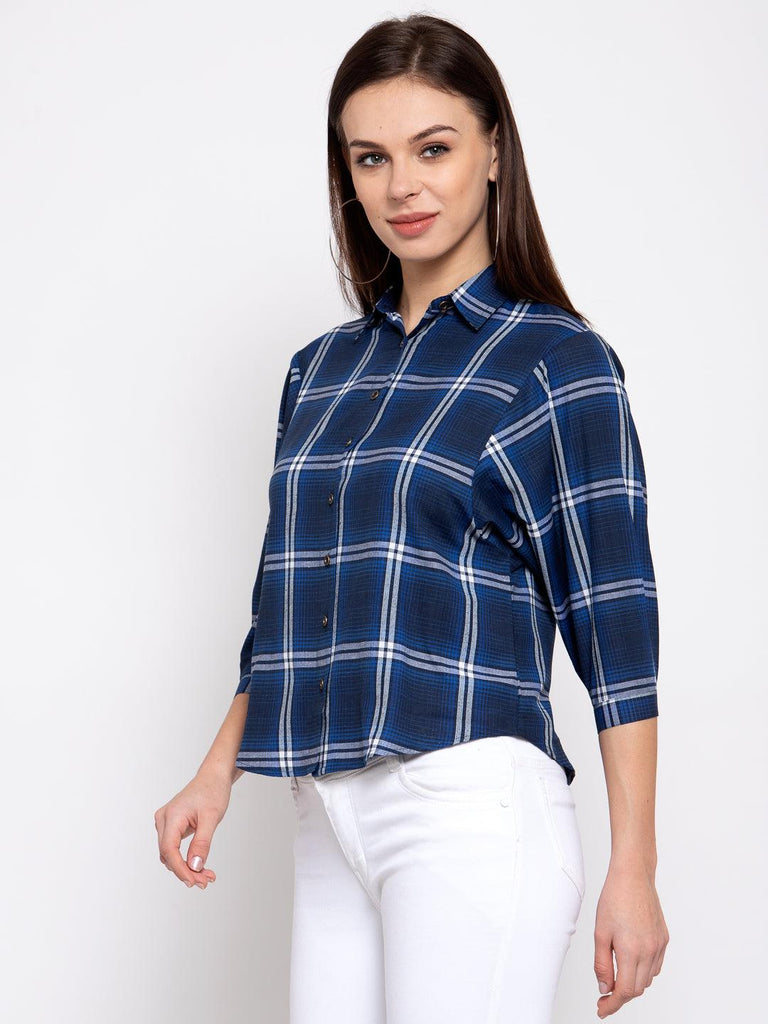 Women Blue Boxy Checked Casual Shirt-Shirts-StyleQuotient