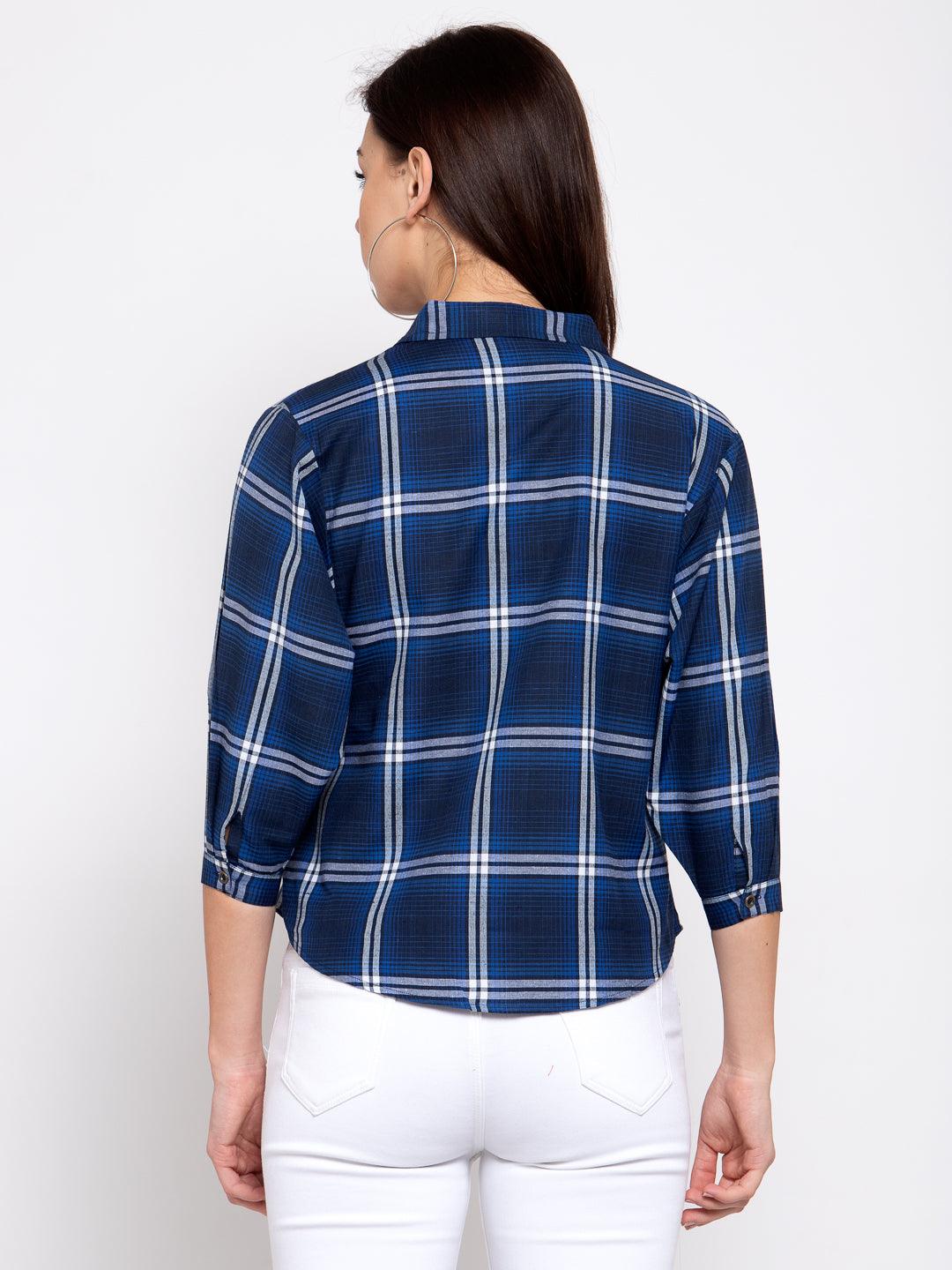 Women Blue Boxy Checked Casual Shirt-Shirts-StyleQuotient