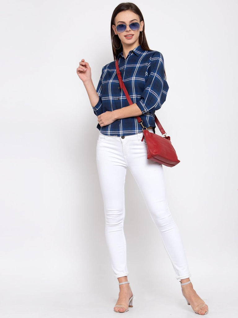 Women Blue Boxy Checked Casual Shirt-Shirts-StyleQuotient