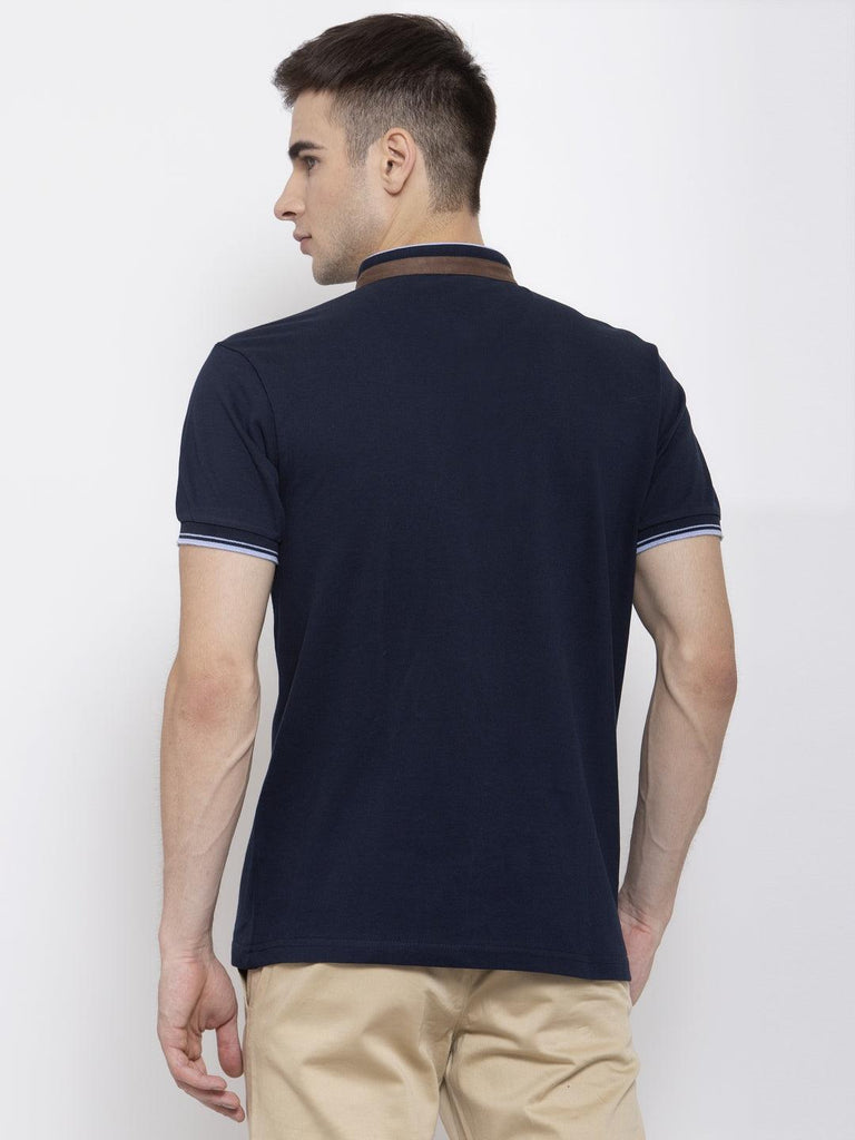 Men Navy Blue Solid Mandarin Collar T-shirt-Men's Tshirt-StyleQuotient