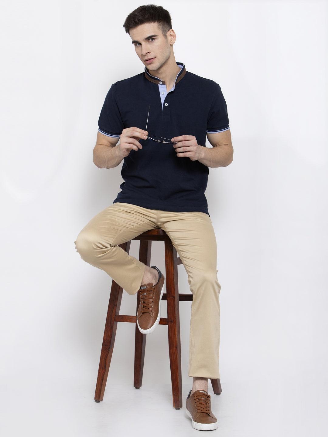 Men Navy Blue Solid Mandarin Collar T-shirt-Men's Tshirt-StyleQuotient