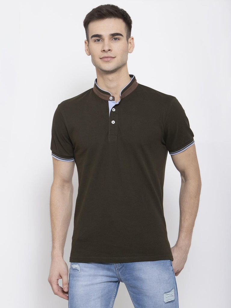 Men Olive Solid Mandarin Collar T-shirt-Men's Tshirt-StyleQuotient