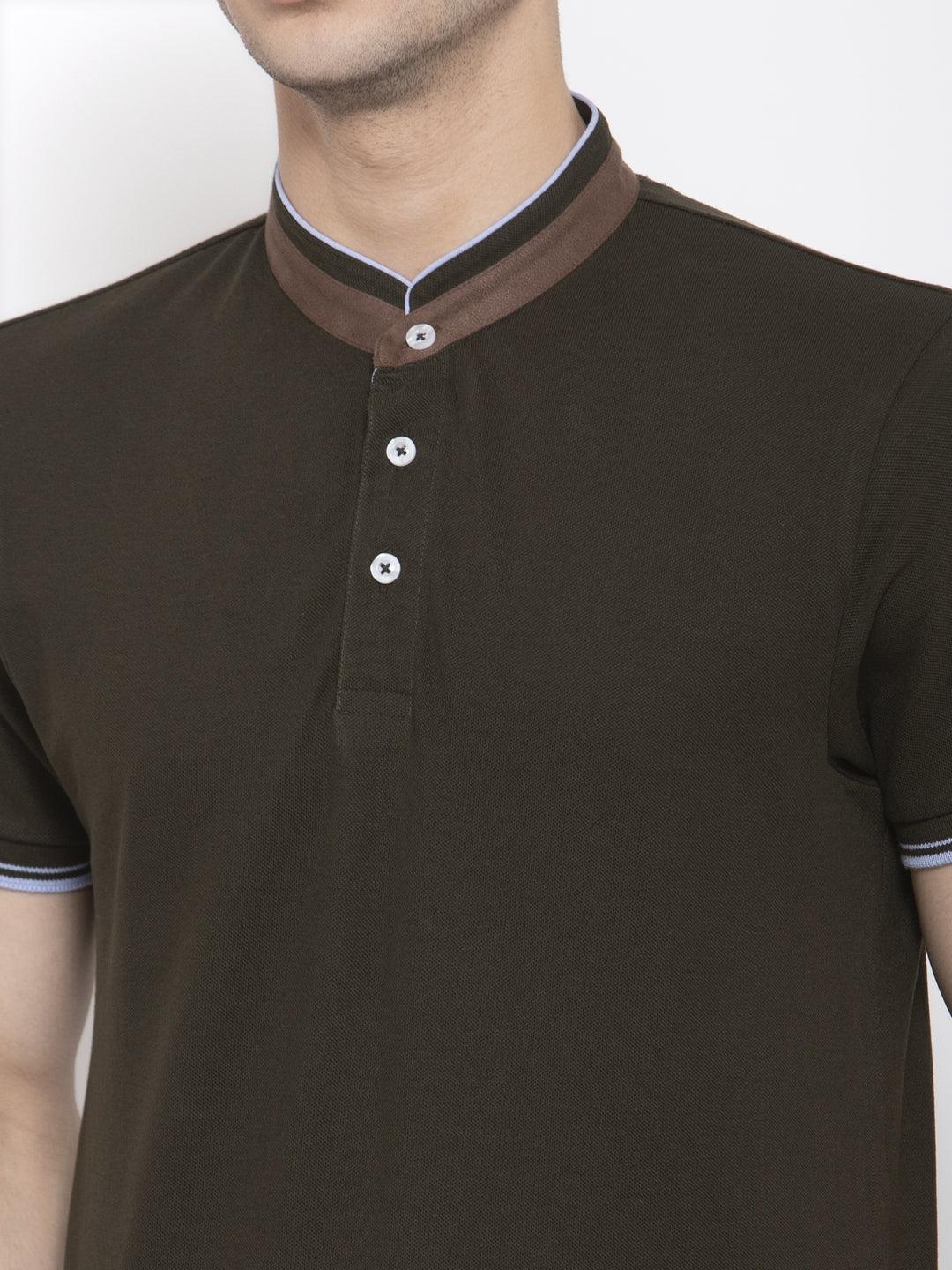 Men Olive Solid Mandarin Collar T-shirt-Men's Tshirt-StyleQuotient