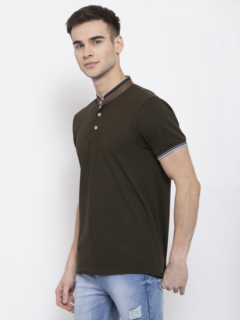 Men Olive Solid Mandarin Collar T-shirt-Men's Tshirt-StyleQuotient