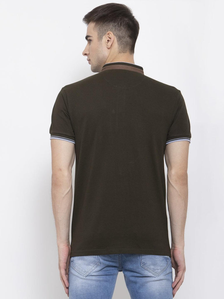 Men Olive Solid Mandarin Collar T-shirt-Men's Tshirt-StyleQuotient