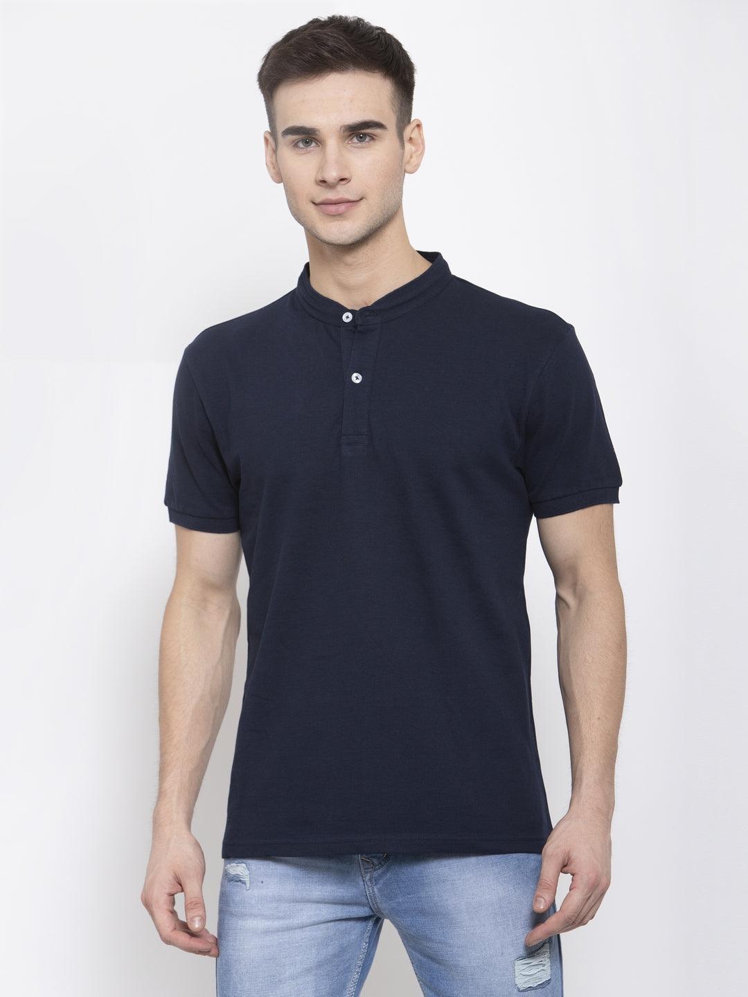 Men Navy Blue Solid Mandarin Collar T-shirt-Men's Tshirt-StyleQuotient