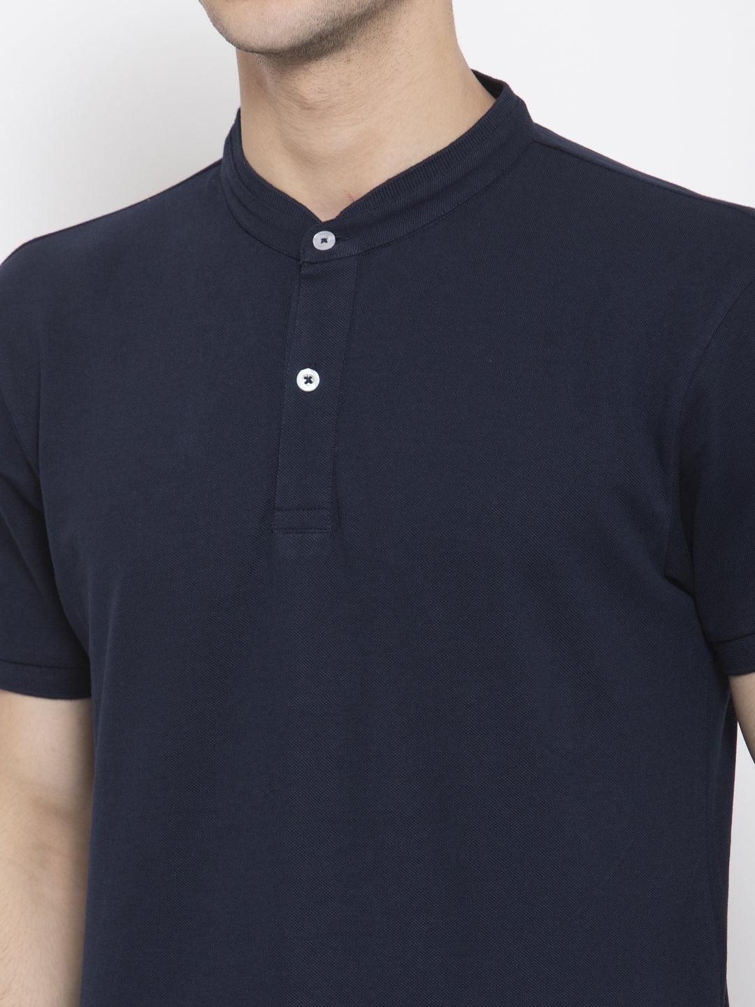 Men Navy Blue Solid Mandarin Collar T-shirt-Men's Tshirt-StyleQuotient