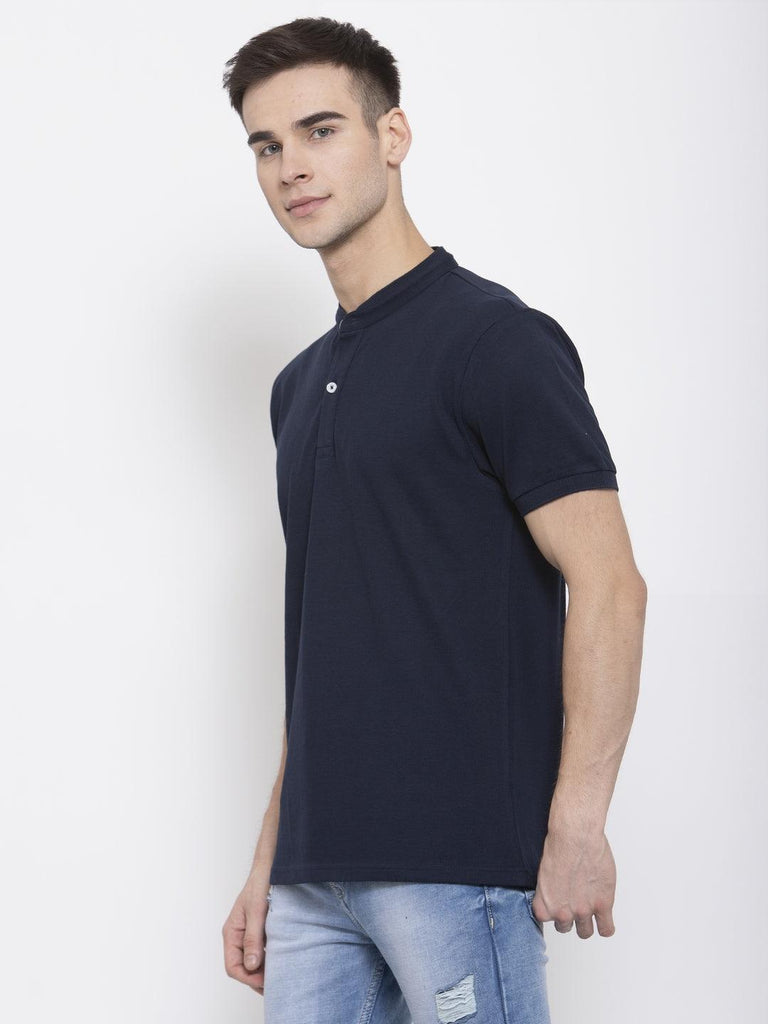 Men Navy Blue Solid Mandarin Collar T-shirt-Men's Tshirt-StyleQuotient