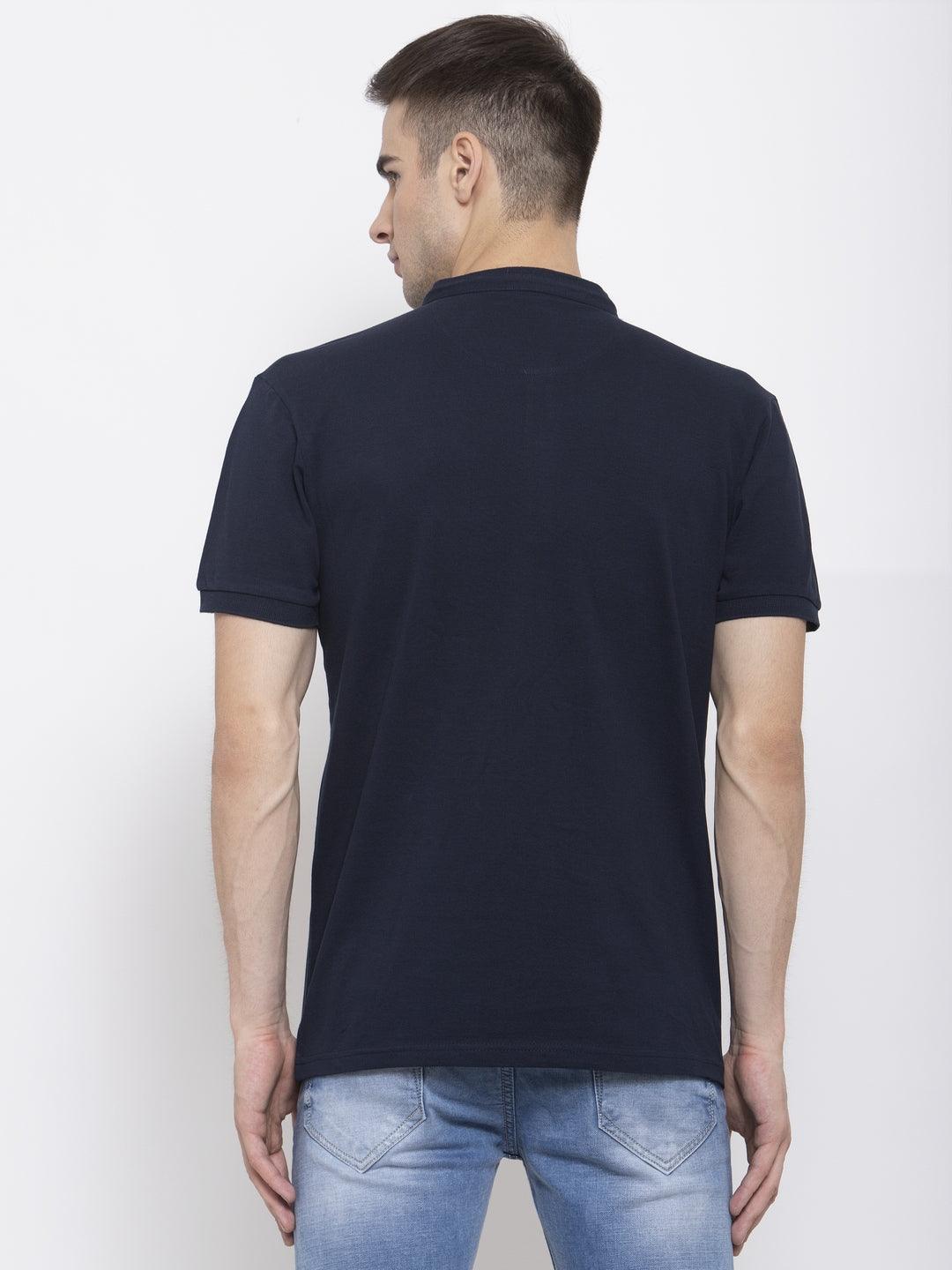 Men Navy Blue Solid Mandarin Collar T-shirt-Men's Tshirt-StyleQuotient