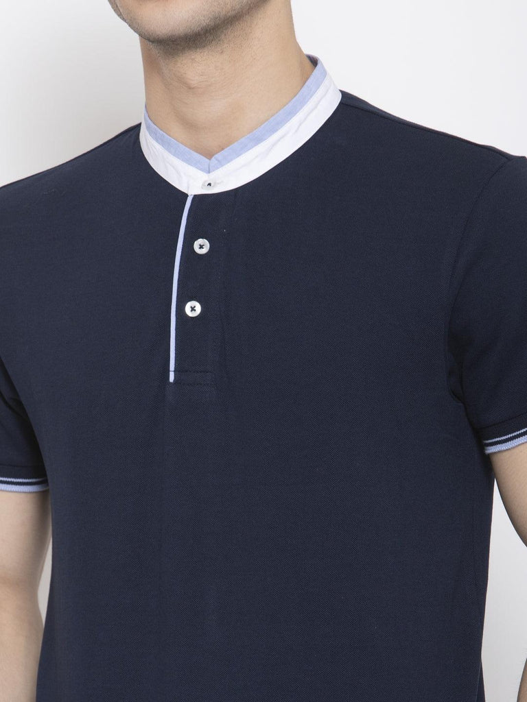 Men Navy Blue Solid Mandarin Collar T-shirt-Men's Tshirt-StyleQuotient