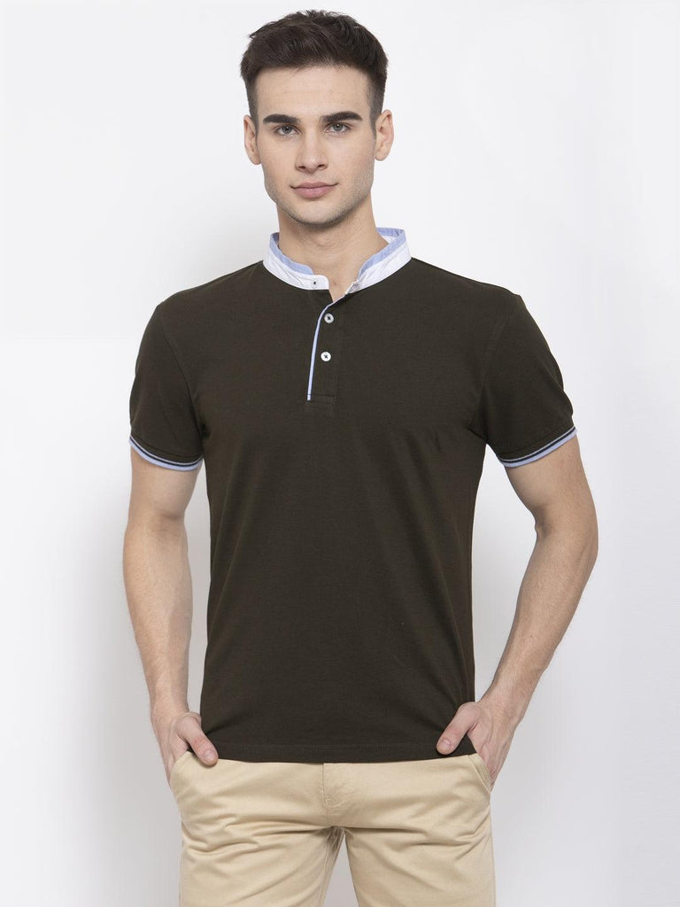 Men Olive Green Solid Mandarin Collar T-shirt-Men's Tshirt-StyleQuotient