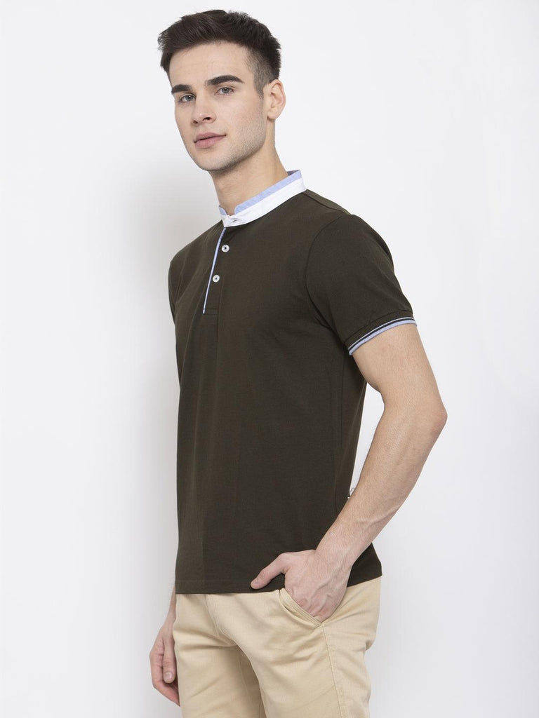 Men Olive Green Solid Mandarin Collar T-shirt-Men's Tshirt-StyleQuotient