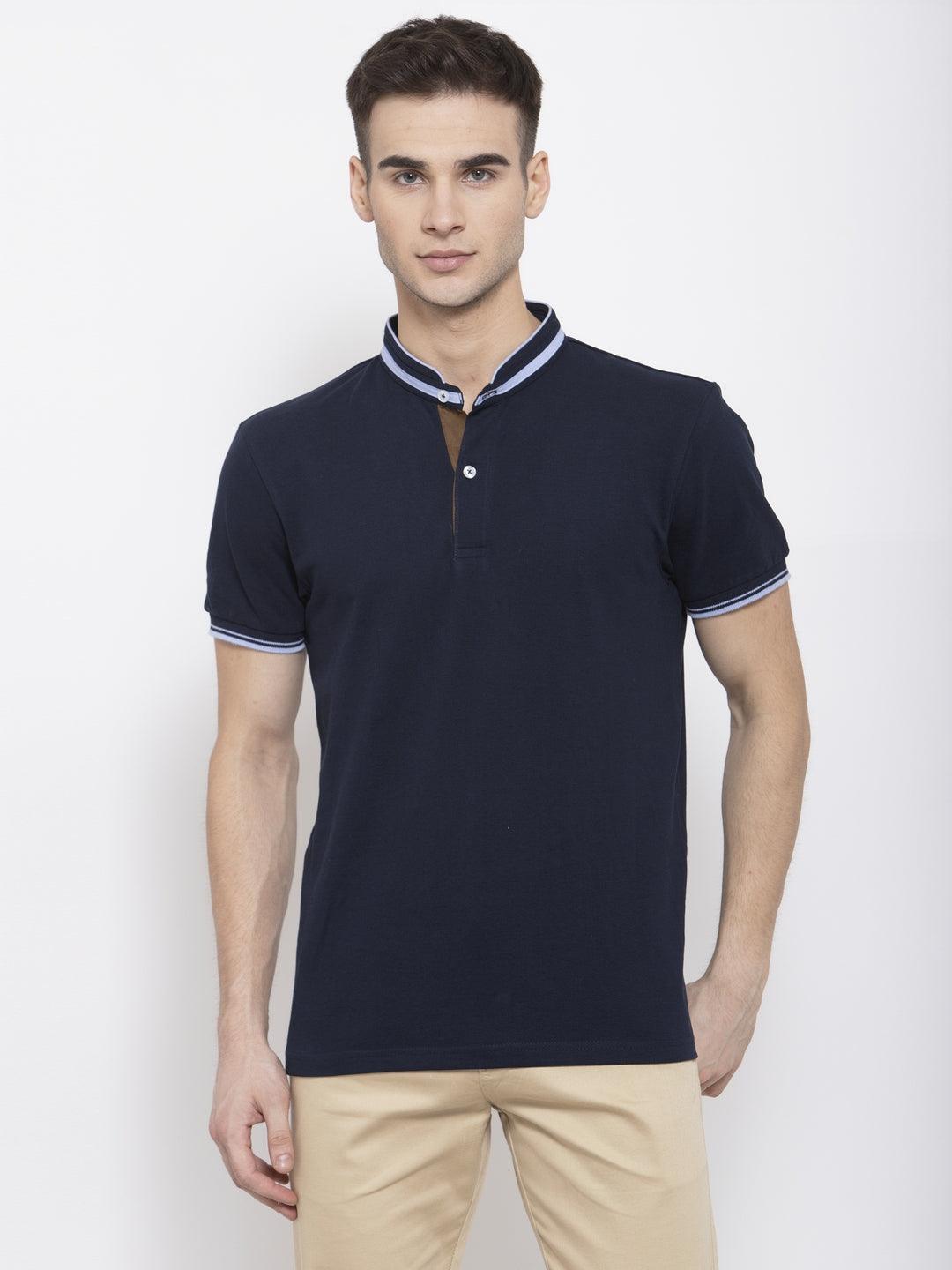 Men Navy Blue Solid Mandarin Collar T-shirt-Men's Tshirt-StyleQuotient