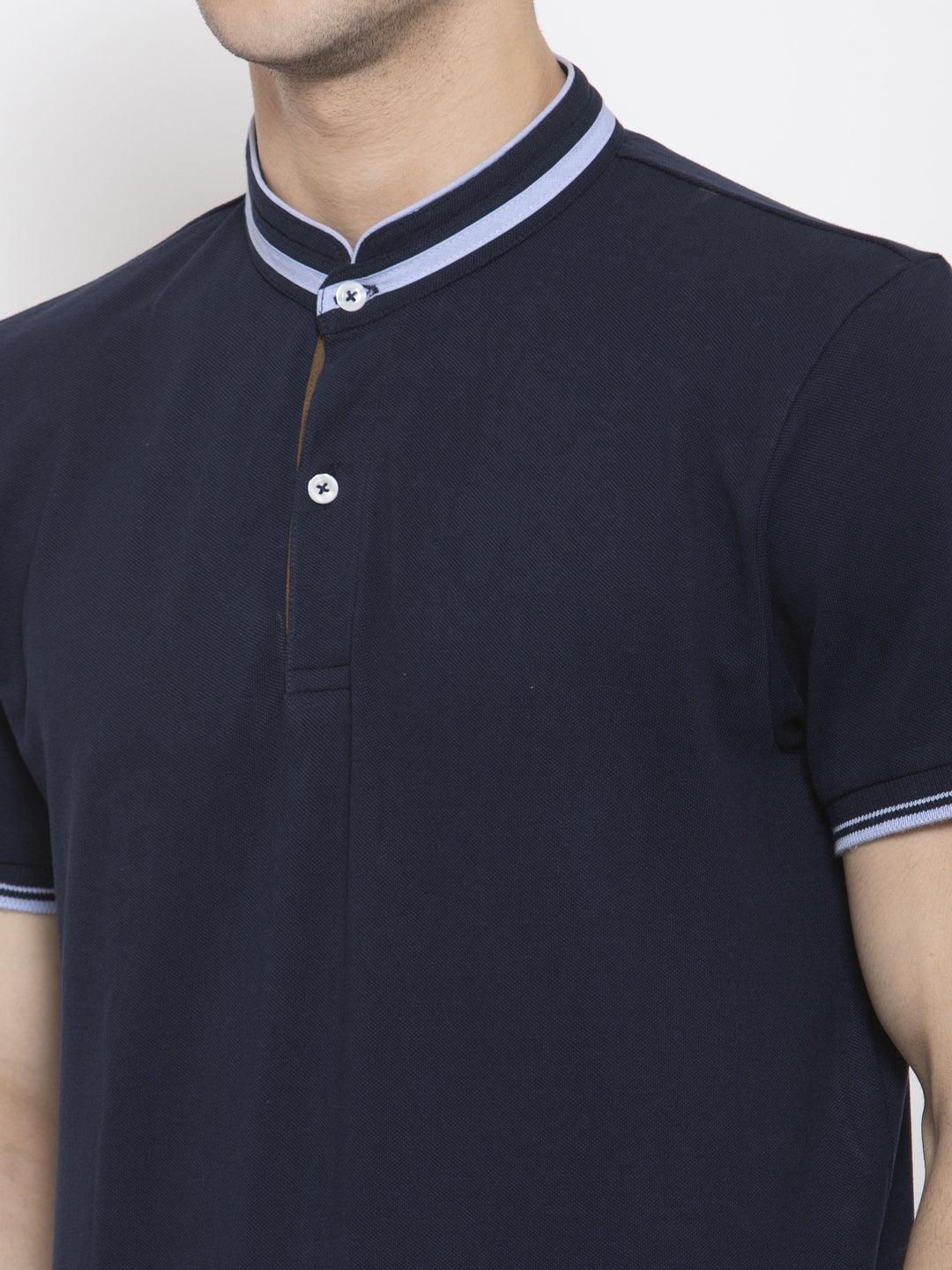 Men Navy Blue Solid Mandarin Collar T-shirt-Men's Tshirt-StyleQuotient