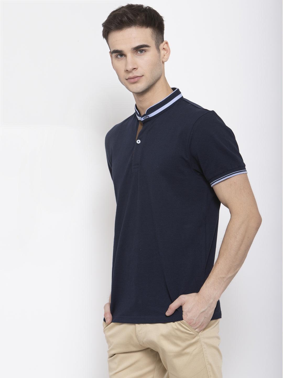 Men Navy Blue Solid Mandarin Collar T-shirt-Men's Tshirt-StyleQuotient