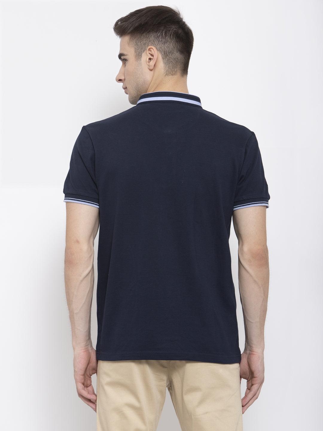 Men Navy Blue Solid Mandarin Collar T-shirt-Men's Tshirt-StyleQuotient