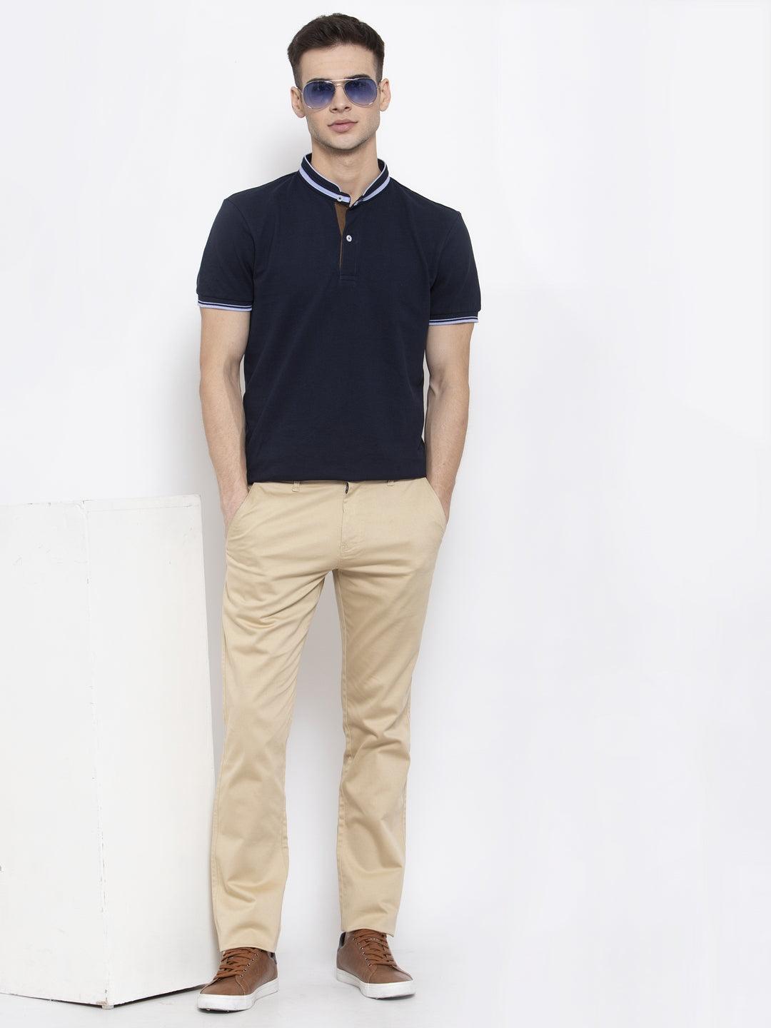 Men Navy Blue Solid Mandarin Collar T-shirt-Men's Tshirt-StyleQuotient