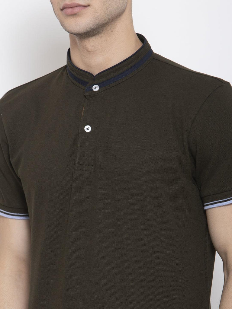 Men Olive Solid Mandarin Collar T-shirt-Men's Tshirt-StyleQuotient