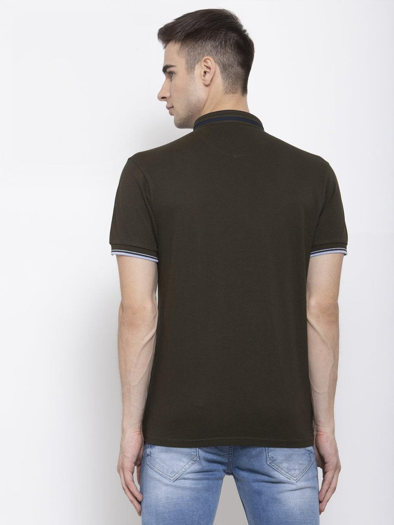Men Olive Solid Mandarin Collar T-shirt-Men's Tshirt-StyleQuotient