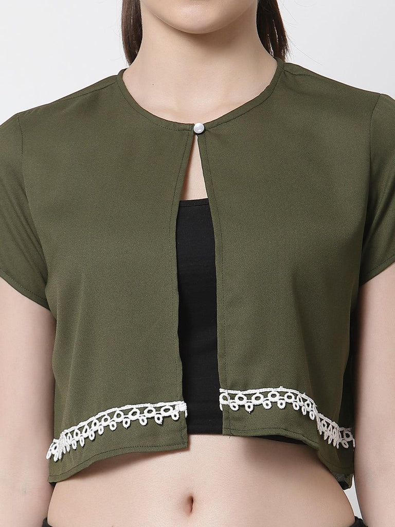 Women Olive Solid Open Front Crop Shrug-Shrug-StyleQuotient