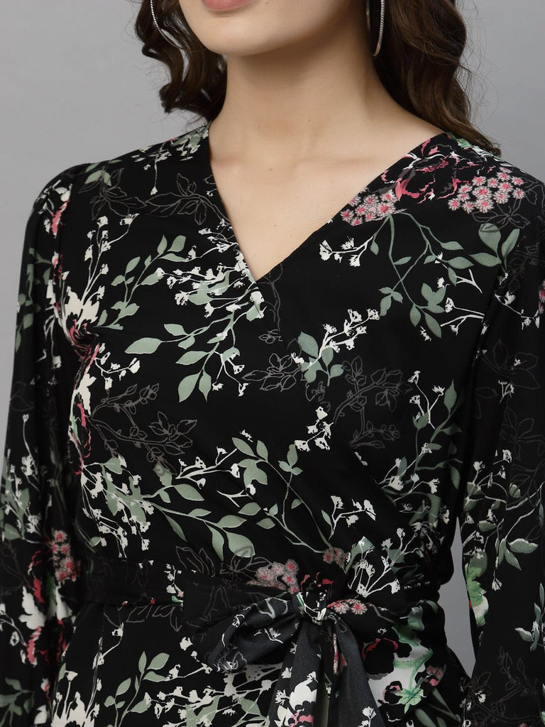 Style Quotient Women Black and multi Floral Printed Polycrepe Smart Casual Top-Tops-StyleQuotient