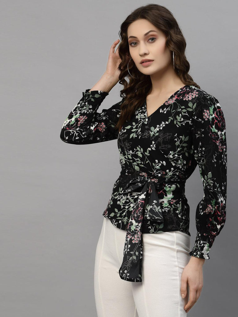 Style Quotient Women Black and multi Floral Printed Polycrepe Smart Casual Top-Tops-StyleQuotient