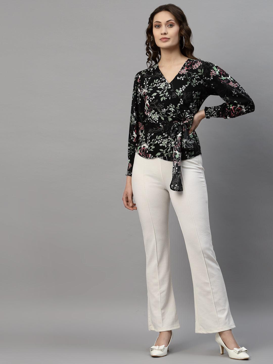 Style Quotient Women Black and multi Floral Printed Polycrepe Smart Casual Top-Tops-StyleQuotient