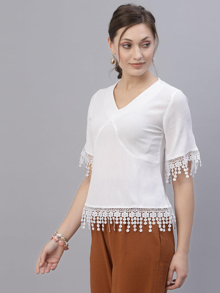 Style Quotient Women White Fringed Top-Tops-StyleQuotient