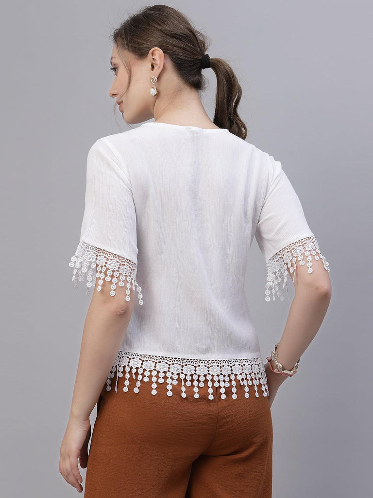 Style Quotient Women White Fringed Top-Tops-StyleQuotient