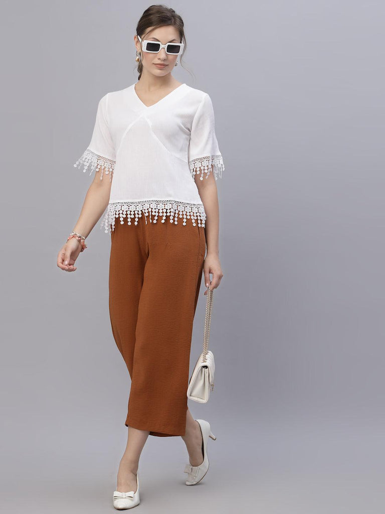 Style Quotient Women White Fringed Top-Tops-StyleQuotient