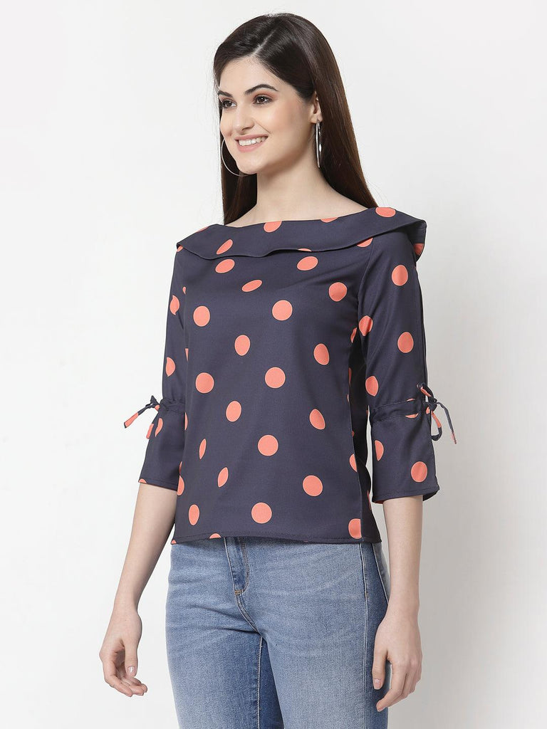 style quotient women Navy and coral polka printed polycrepe smart casual top-Tops-StyleQuotient