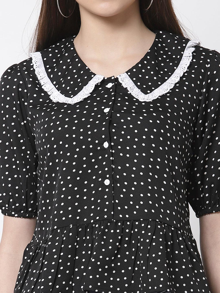 Black & White Polka Dots Print Peplum Top-Shirts-StyleQuotient