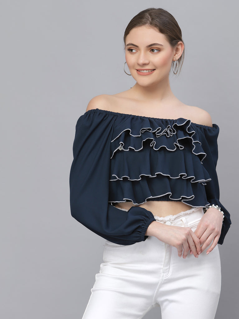 Style Quotient Women Navy Blue Off-Shoulder Bardot Crop Top-Tops-StyleQuotient