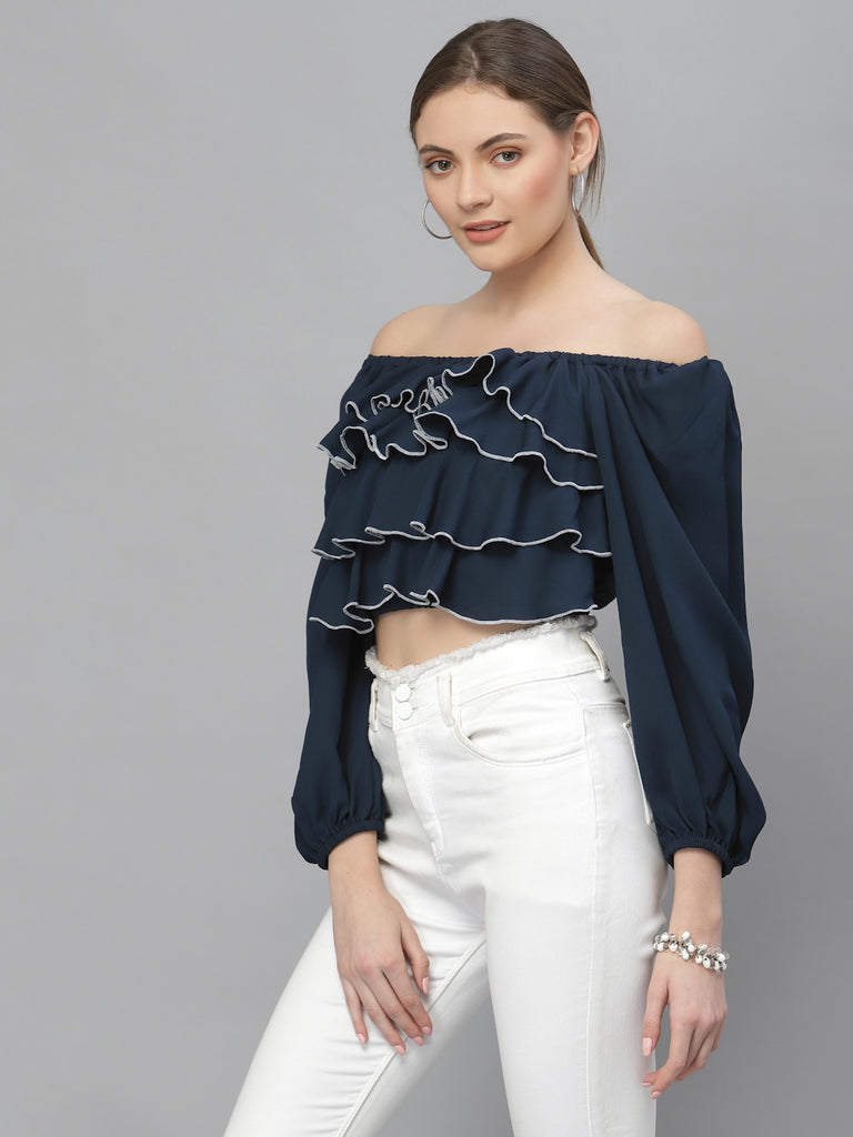 Style Quotient Women Navy Blue Off-Shoulder Bardot Crop Top-Tops-StyleQuotient