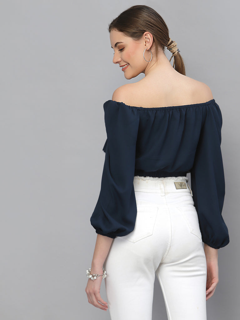 Style Quotient Women Navy Blue Off-Shoulder Bardot Crop Top-Tops-StyleQuotient