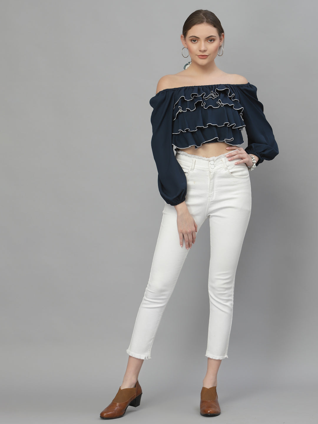 Style Quotient Women Navy Blue Off-Shoulder Bardot Crop Top-Tops-StyleQuotient