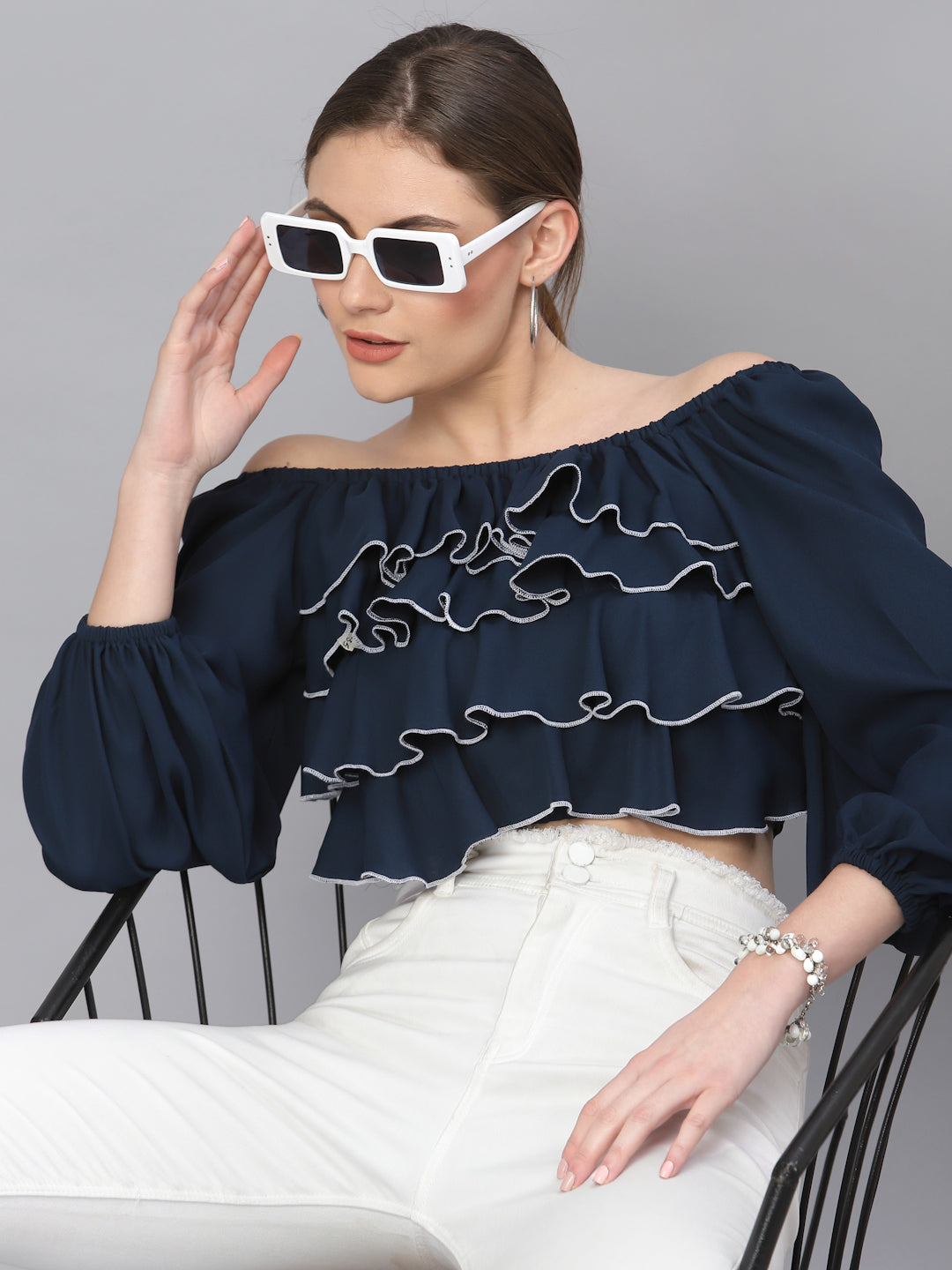 Style Quotient Women Navy Blue Off-Shoulder Bardot Crop Top-Tops-StyleQuotient