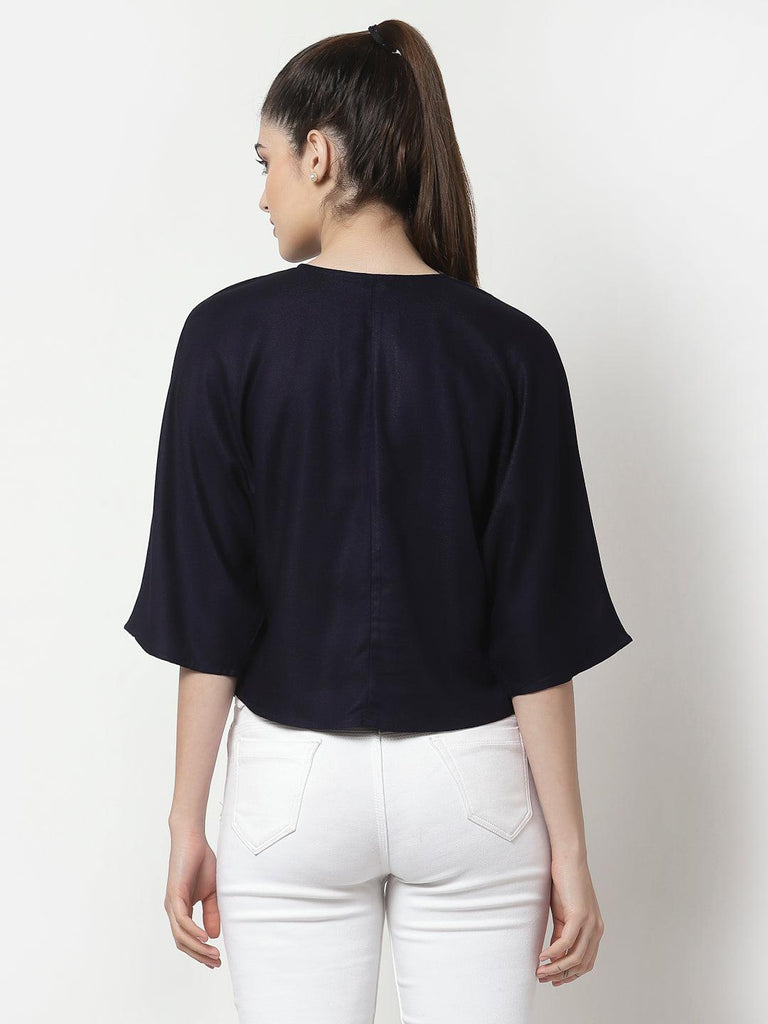 Navy Blue Solid Crepe Blouson Top-Tops-StyleQuotient