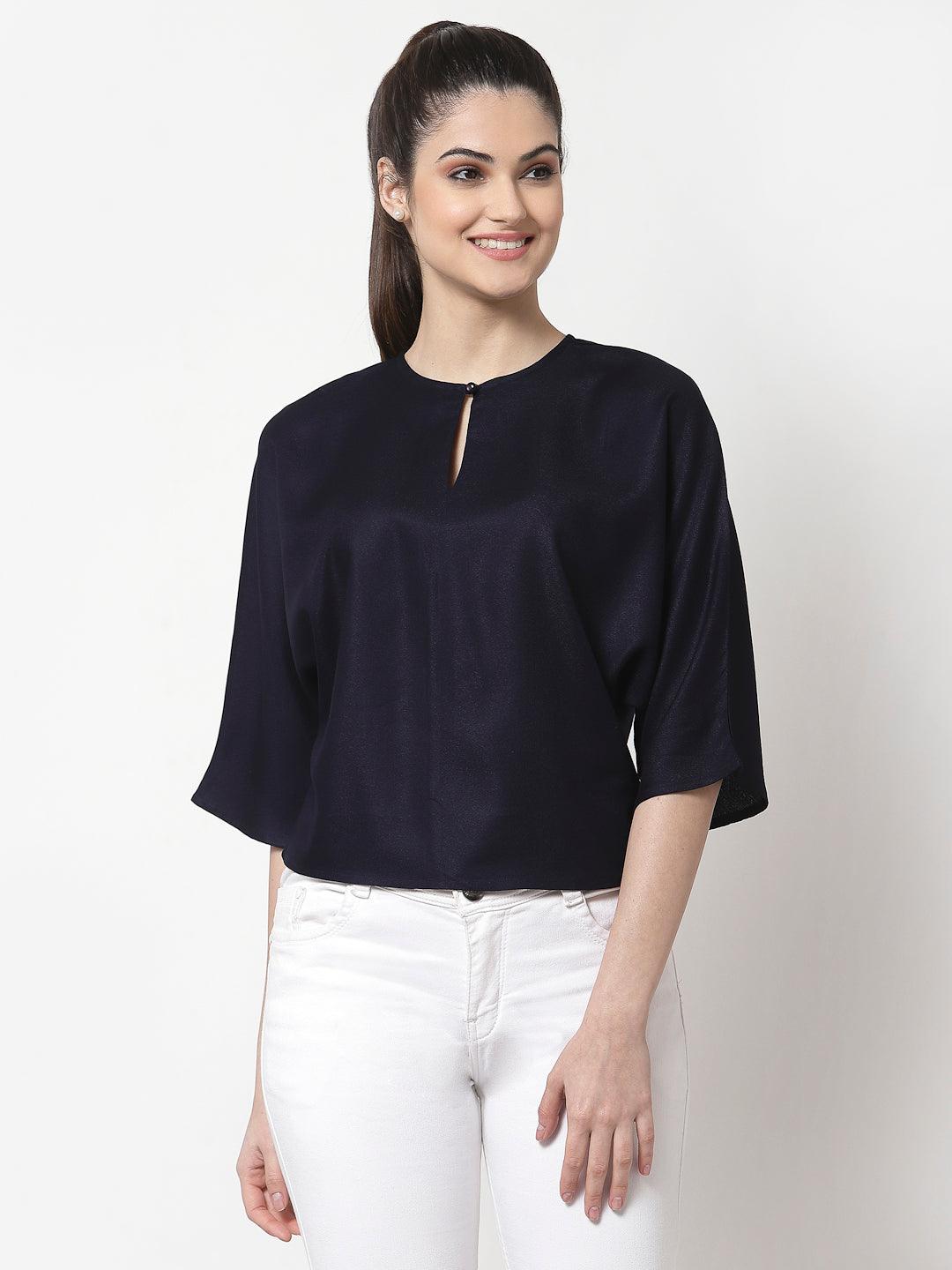 Navy Blue Solid Crepe Blouson Top-Tops-StyleQuotient