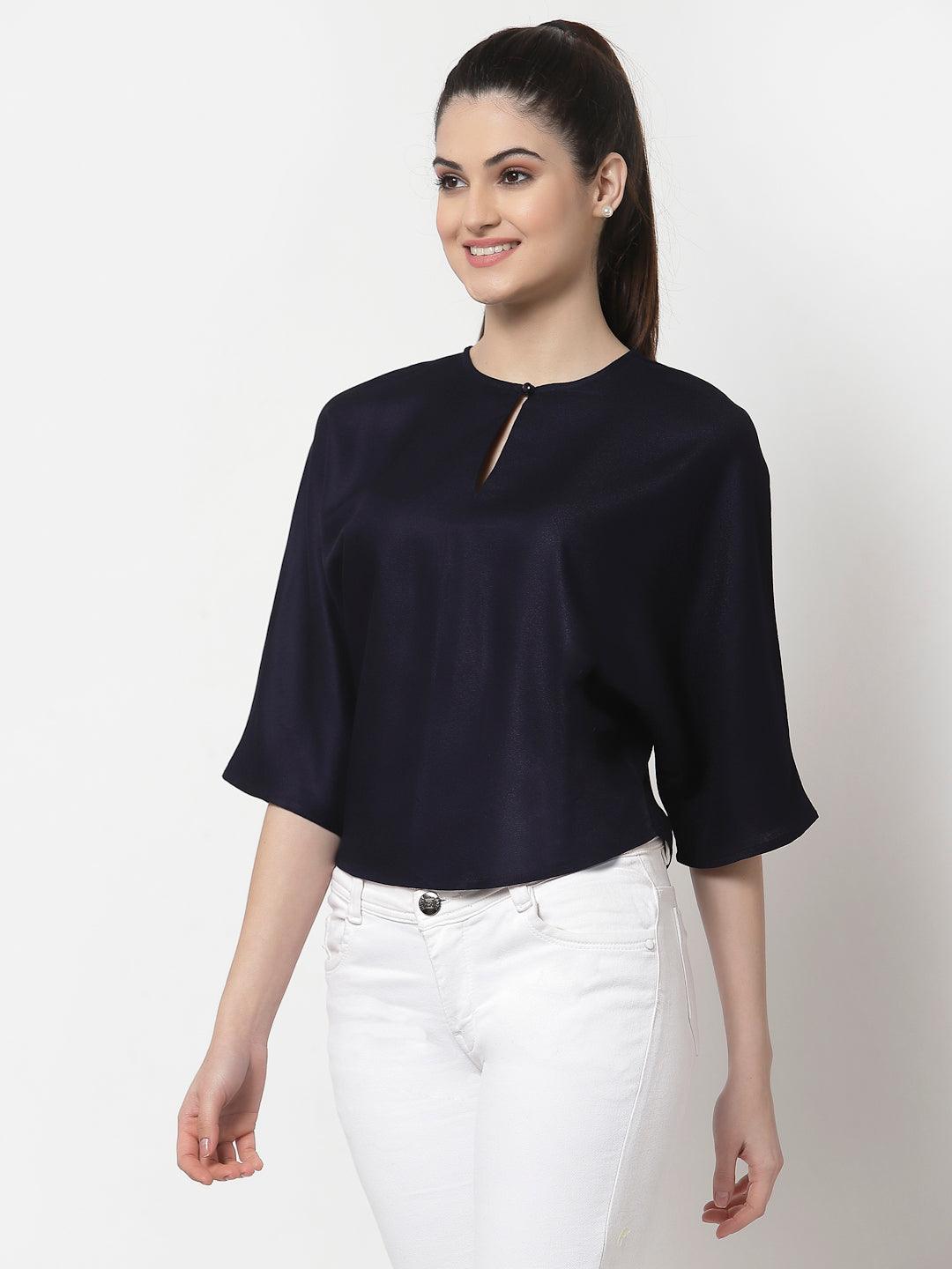 Navy Blue Solid Crepe Blouson Top-Tops-StyleQuotient