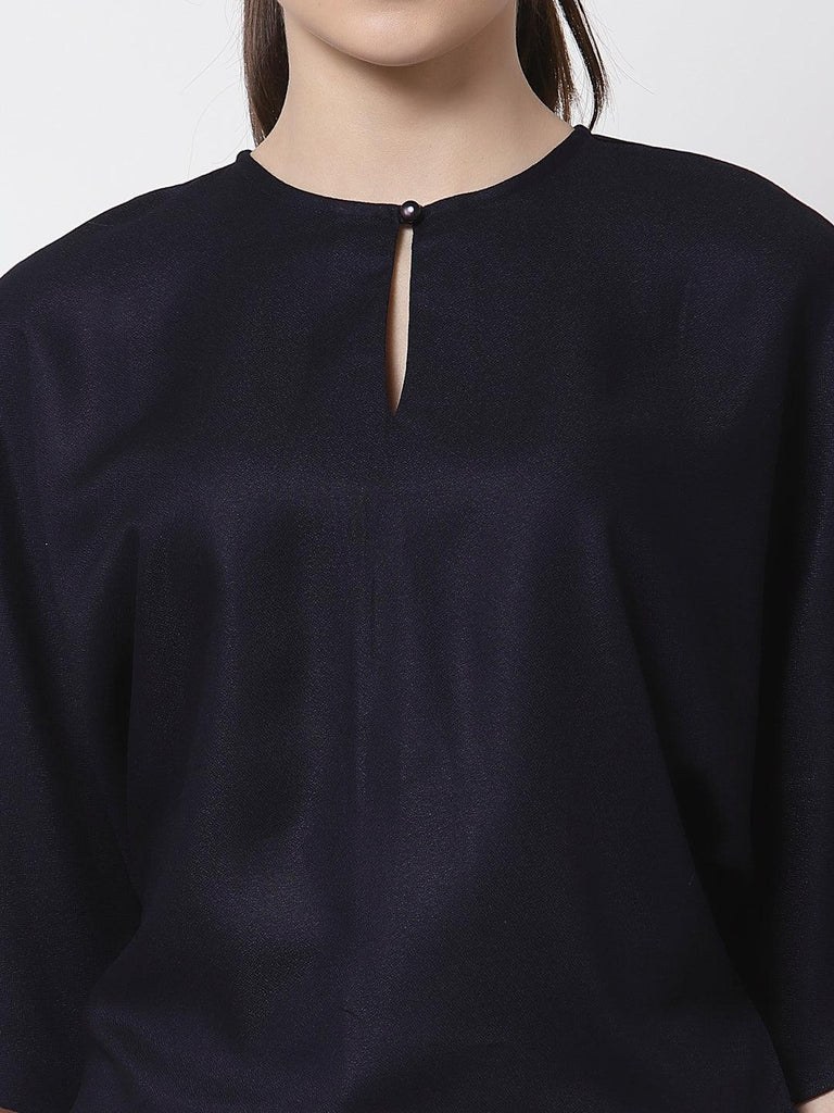 Navy Blue Solid Crepe Blouson Top-Tops-StyleQuotient