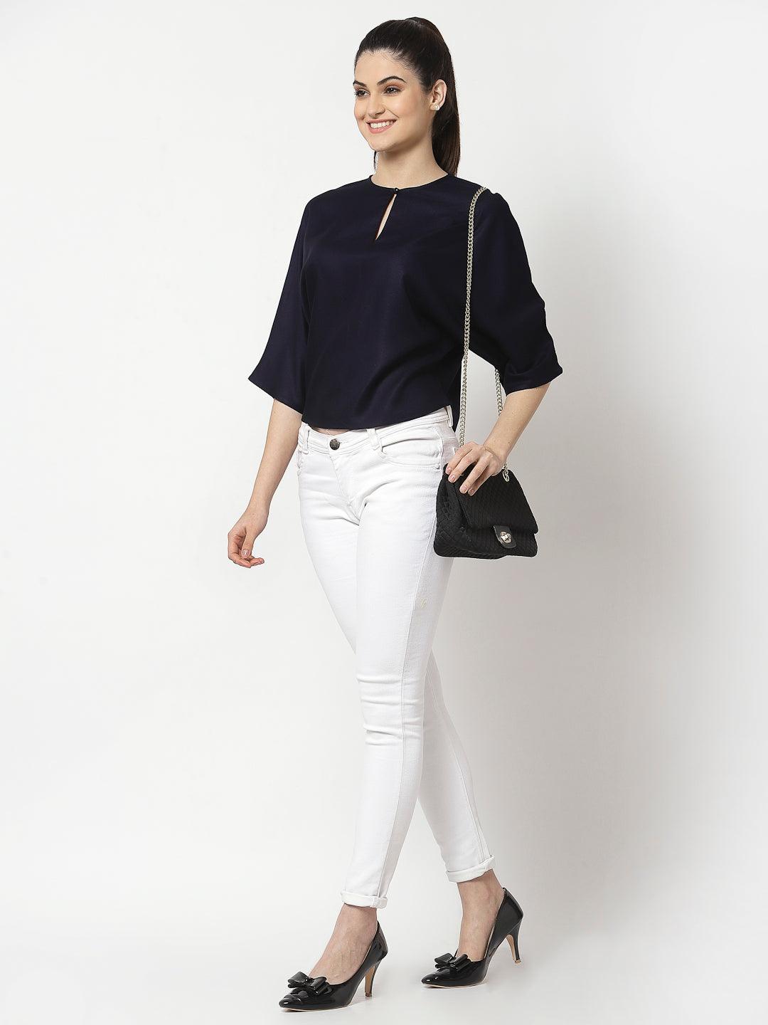 Navy Blue Solid Crepe Blouson Top-Tops-StyleQuotient