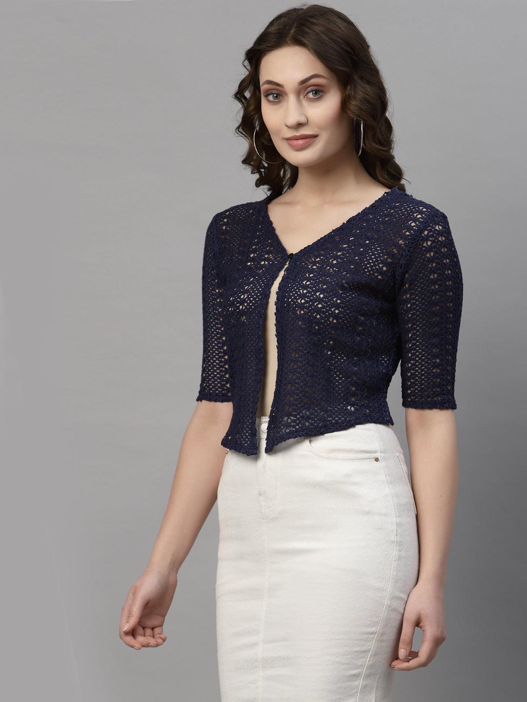 Style Quotient Women Self design Navy cotton lace regular smart casual shrug-Shrug-StyleQuotient