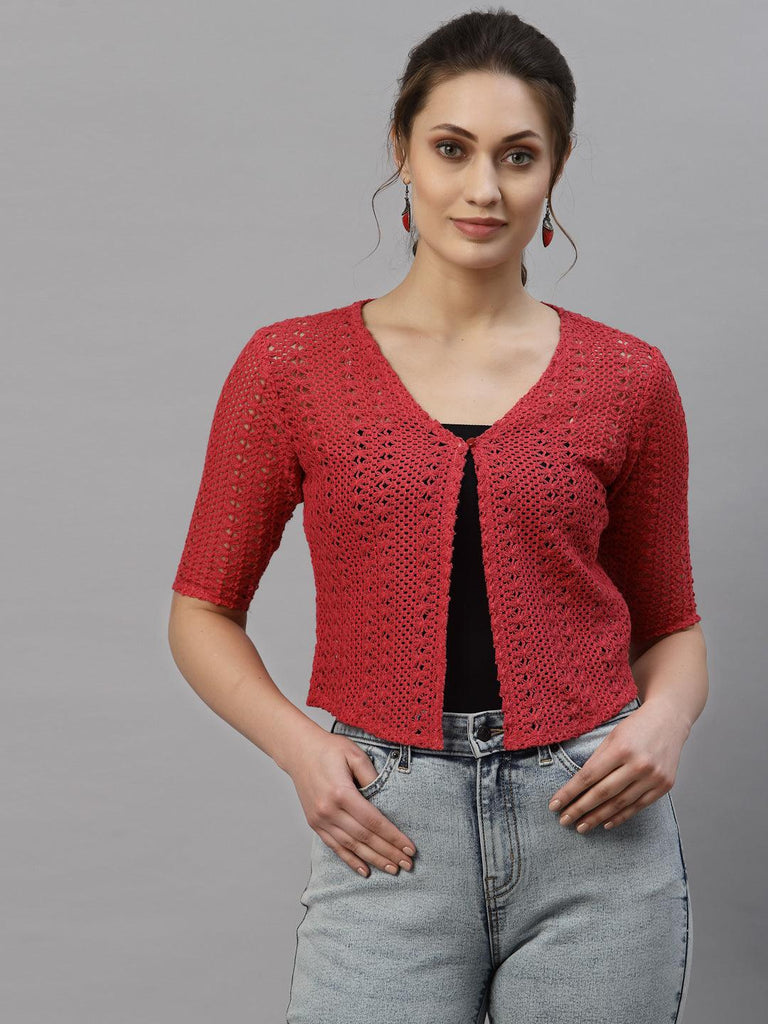 Style Quotient Women Self design Red cotton lace regular smart casual shrug-Shrug-StyleQuotient